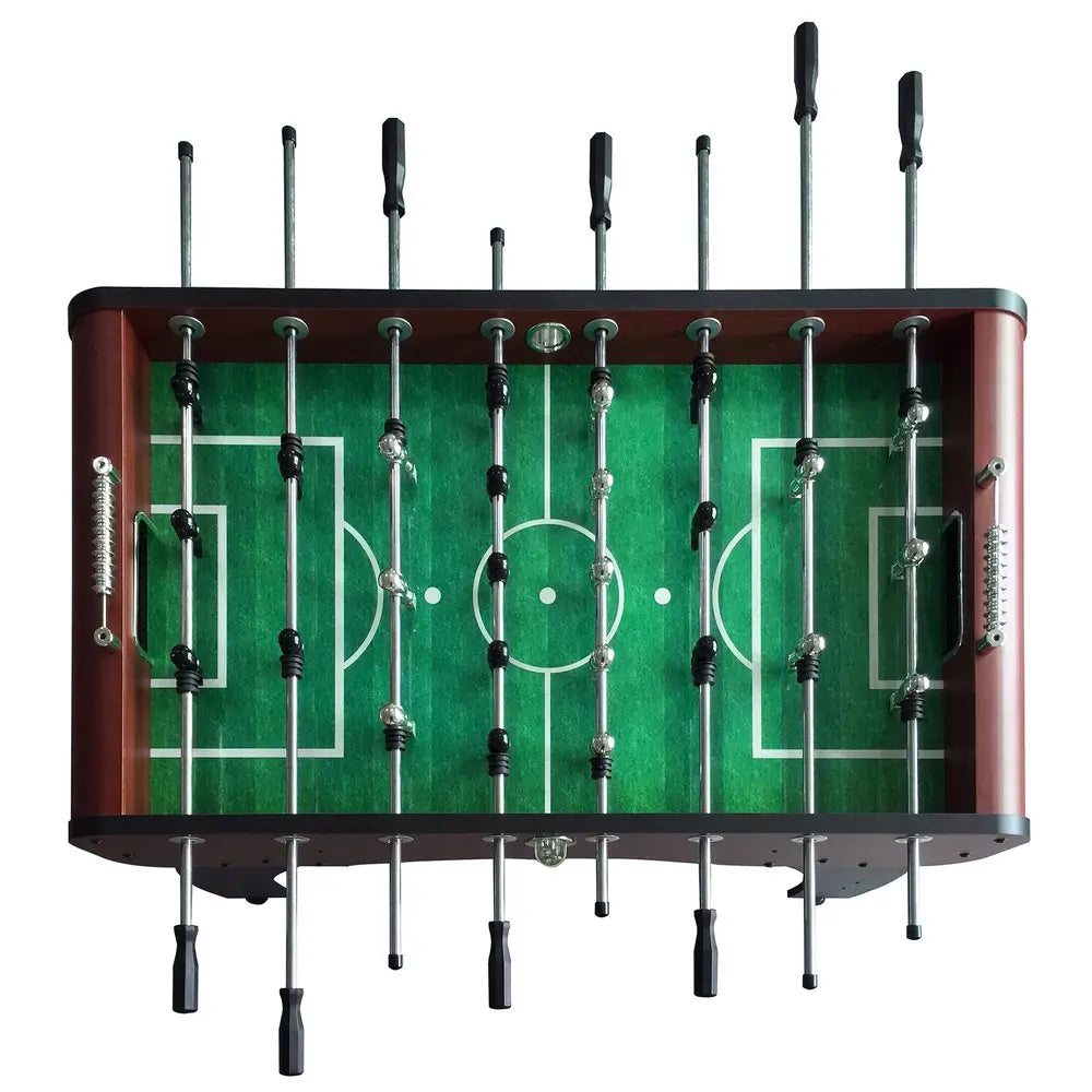 An overhead view of the Hathaway Metropolitan 54-inch Foosball Table, showing the full playing surface, player rods, and the black and silver players.