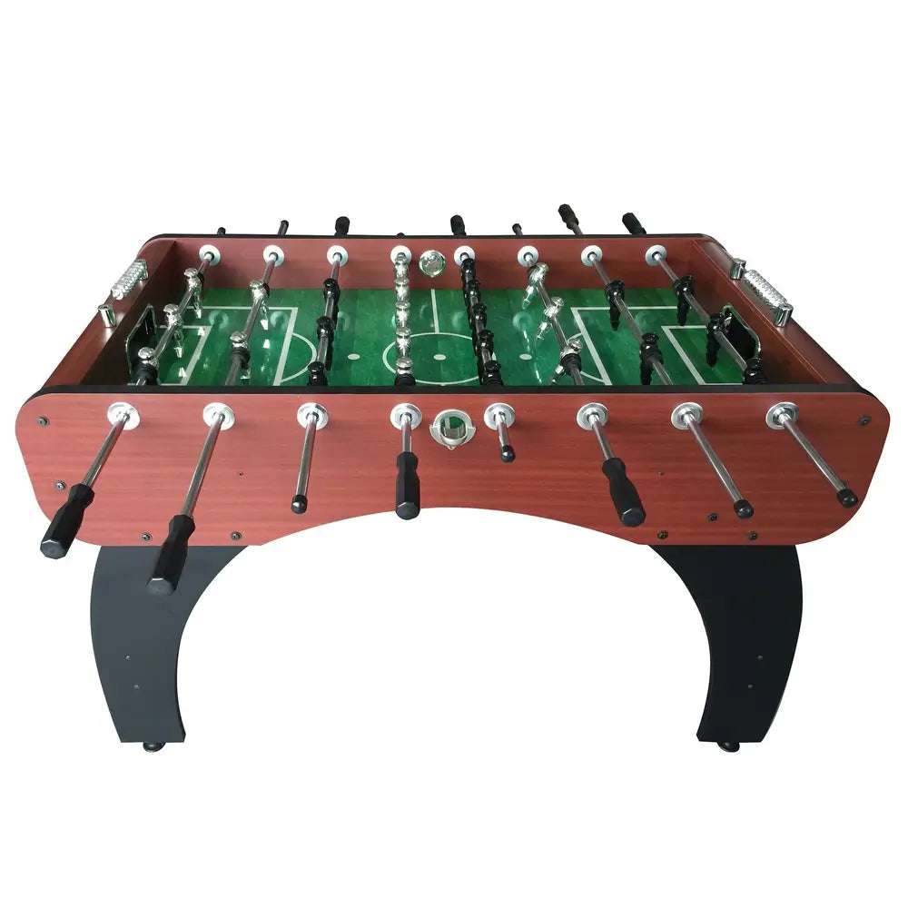A front-facing view of the Hathaway Metropolitan 54-inch Foosball Table, highlighting the sleek wood-grain cabinet, arched pedestal base, and black handles.