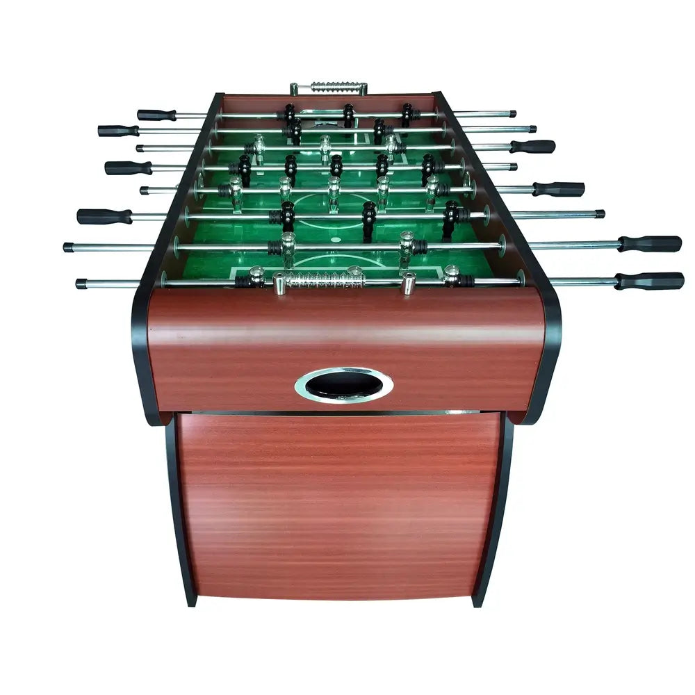 A view of the Hathaway Metropolitan 54-inch Foosball Table from the side, focusing on the goal opening and the scorekeepers on either end of the table.
