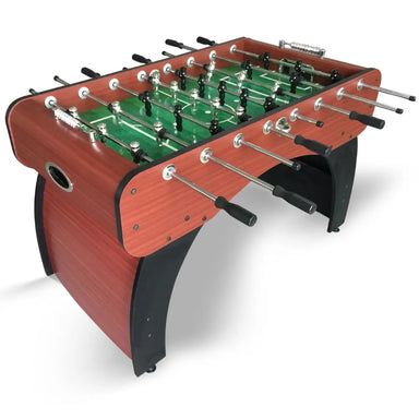 A dynamic, three-quarter angle view of the Hathaway Metropolitan 54-inch Foosball Table, showcasing the complete look of the table, including its arched pedestal base and player rods.