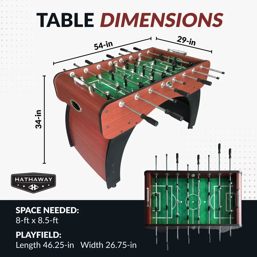 A diagram of the Hathaway Metropolitan 54-inch Foosball Table showing its full dimensions: 54-inch length, 29-inch width, and 34-inch height. The graphic also notes the required space needed and the playfield dimensions.