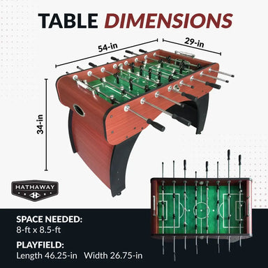 A diagram of the Hathaway Metropolitan 54-inch Foosball Table showing its full dimensions: 54-inch length, 29-inch width, and 34-inch height. The graphic also notes the required space needed and the playfield dimensions.