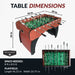 A diagram of the Hathaway Metropolitan 54-inch Foosball Table showing its full dimensions: 54-inch length, 29-inch width, and 34-inch height. The graphic also notes the required space needed and the playfield dimensions.