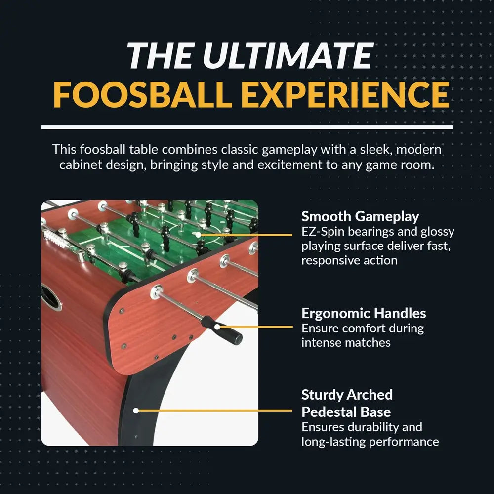 A graphic titled "The Ultimate Foosball Experience" for the Hathaway Metropolitan 54-inch Foosball Table. It highlights key features with corresponding images: Smooth Gameplay with EZ-Spin bearings, Ergonomic Handles, and a Sturdy Arched Pedestal Base.