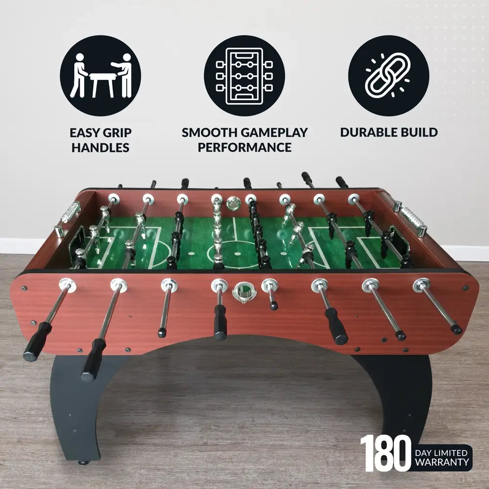 A features graphic for the Hathaway Metropolitan 54-inch Foosball Table with icons for "Easy Grip Handles," "Smooth Gameplay Performance," and "Durable Build," and a note about the 180-day limited warranty.
