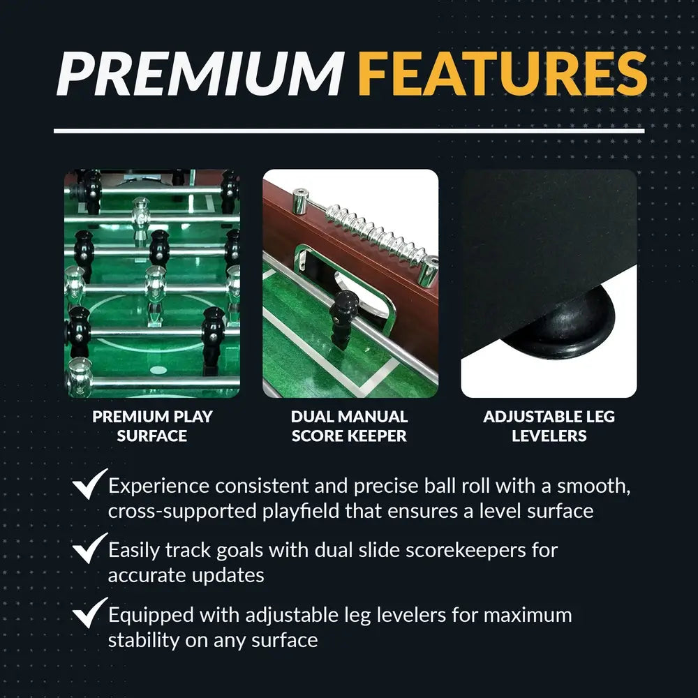 A graphic titled "Premium Features" for the Hathaway Metropolitan 54-inch Foosball Table. It highlights three features with images: a "Premium Play Surface," "Dual Manual Scorekeeper," and "Adjustable Leg Levelers."