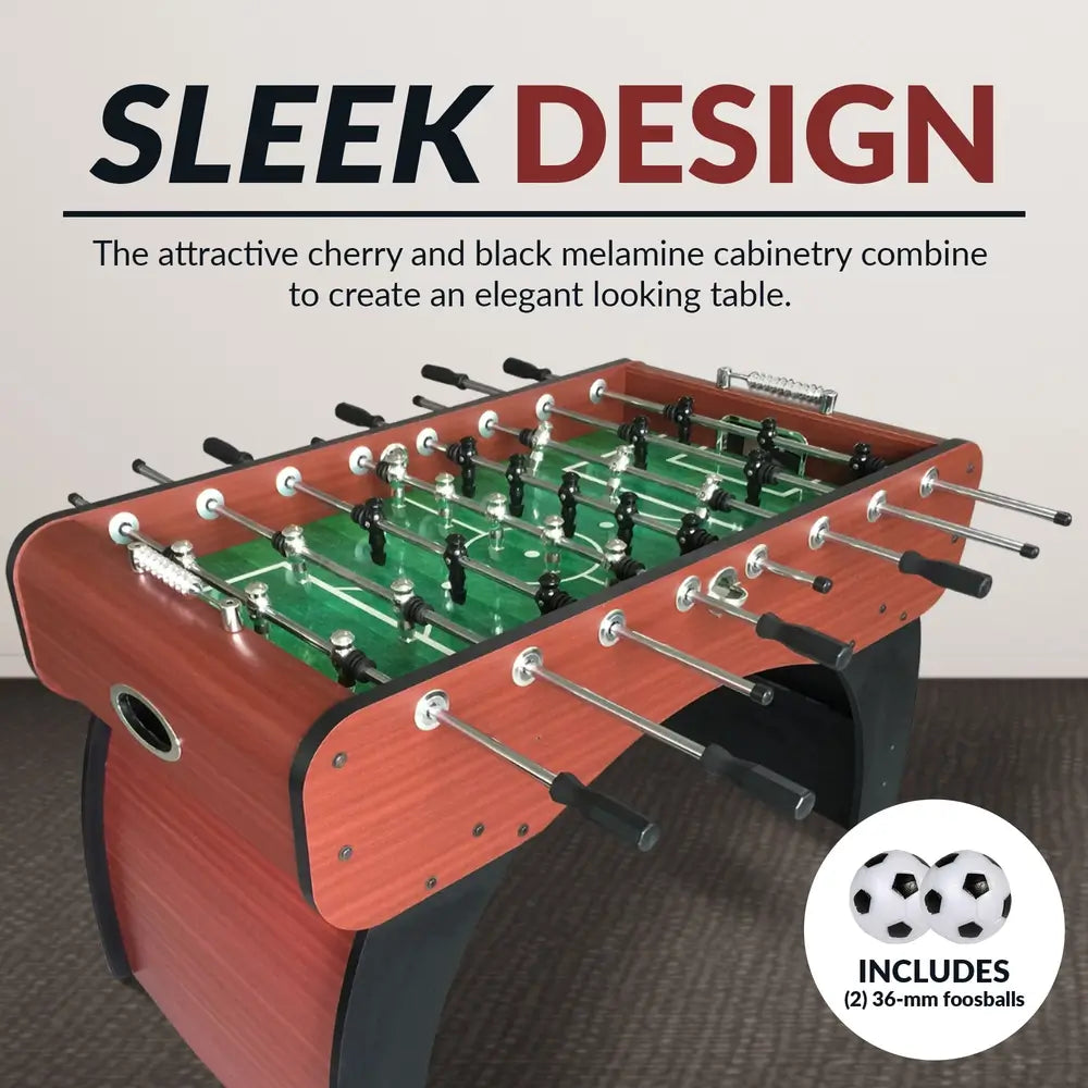 A graphic titled "Sleek Design" showcasing the Hathaway Metropolitan 54-inch Foosball Table's cherry and black melamine cabinet. The image also notes that two 36-mm foosballs are included.