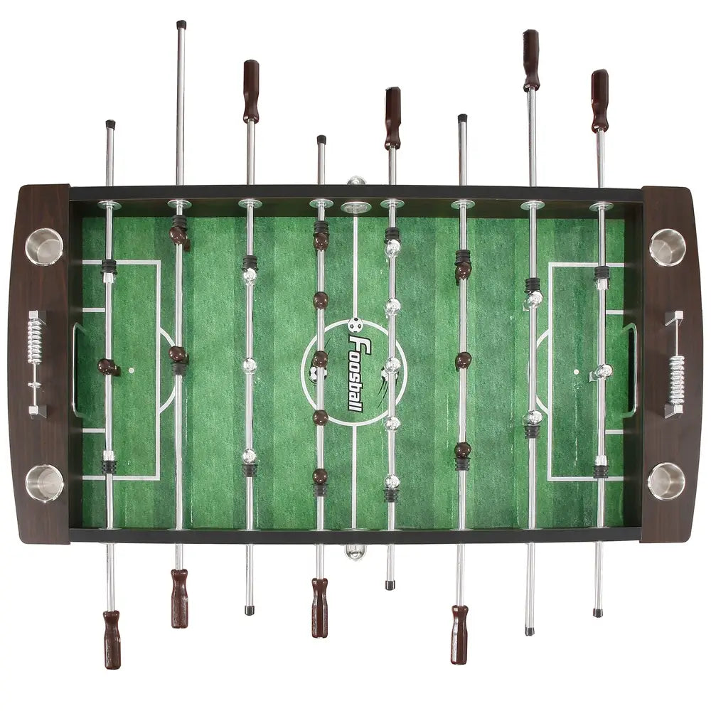 Top-down view of Hathaway Primo 56-inch foosball table showing player layout, green field with “Foosball” branding, and all metal rods extended.