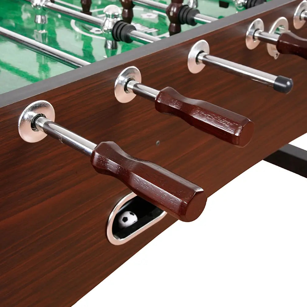 Side view of Hathaway Primo foosball table featuring polished chrome rods with glossy wooden handles and visible side ball return system.