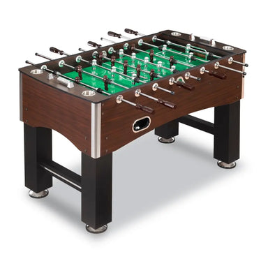 Hathaway Primo 56-inch soccer foosball table with rich dark wood cabinet, black legs, chrome accents, and eight rows of player rods ready for gameplay.