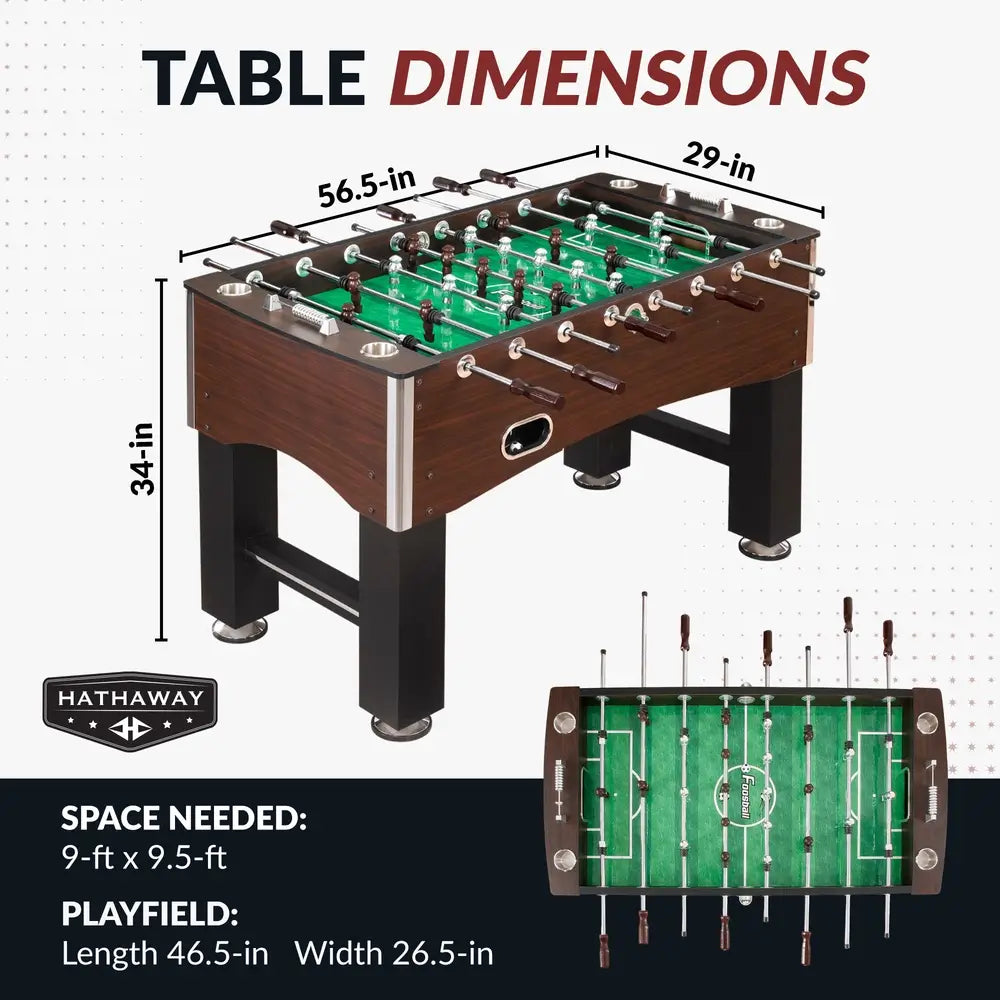Hathaway Primo 56-inch foosball table dimensions labeled as 56.5 inches long, 29 inches wide, and 34 inches high; requires 9 ft by 9.5 ft of floor space with a 46.5 in x 26.5 in playfield.