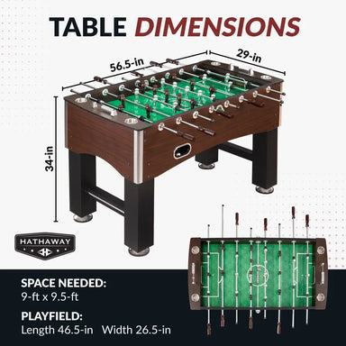 Hathaway Primo 56-inch foosball table dimensions labeled as 56.5 inches long, 29 inches wide, and 34 inches high; requires 9 ft by 9.5 ft of floor space with a 46.5 in x 26.5 in playfield.