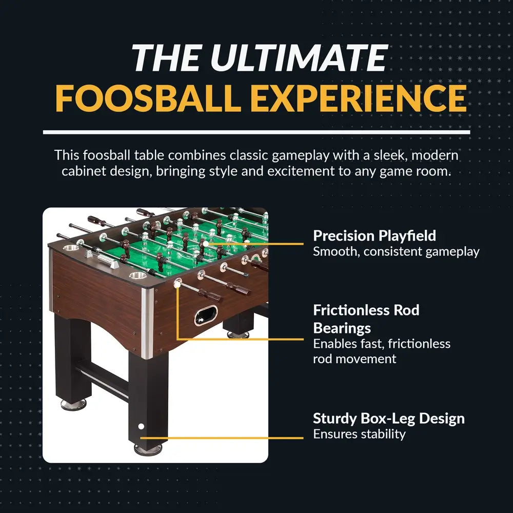 Features of the Hathaway Primo Foosball Table include a precision playfield for smooth gameplay, frictionless rod bearings, and a sturdy box-leg design for enhanced stability.