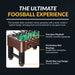 Features of the Hathaway Primo Foosball Table include a precision playfield for smooth gameplay, frictionless rod bearings, and a sturdy box-leg design for enhanced stability.