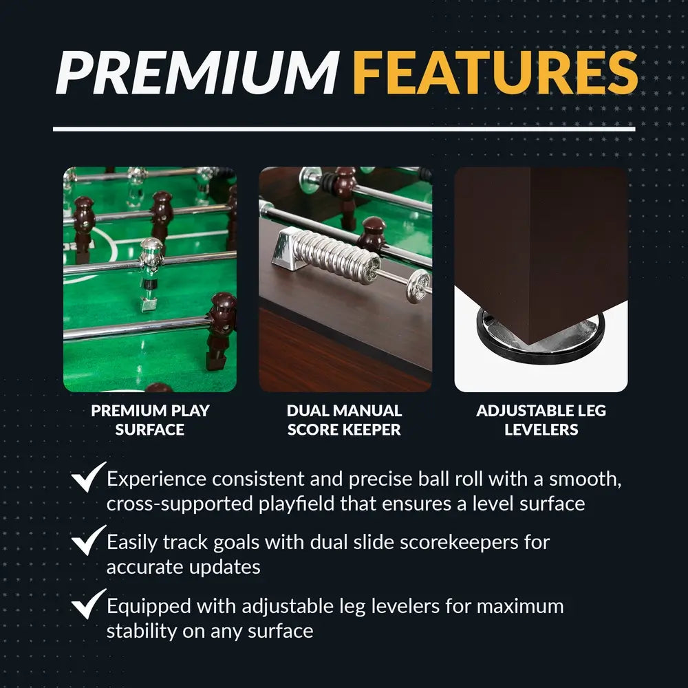 Highlighted features of the Hathaway Primo Foosball Table: premium green play surface, dual manual chrome scorekeepers, and adjustable leg levelers for stable gameplay.
