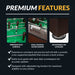 Highlighted features of the Hathaway Primo Foosball Table: premium green play surface, dual manual chrome scorekeepers, and adjustable leg levelers for stable gameplay.