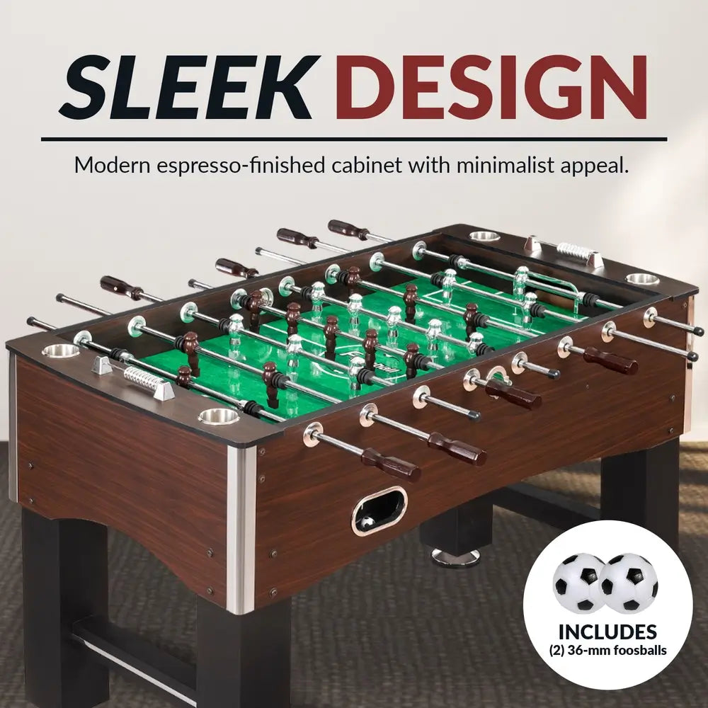 Hathaway Primo foosball table with modern espresso-finished cabinet and chrome accents; includes two 36-mm soccer-style foosballs for classic gameplay appeal.