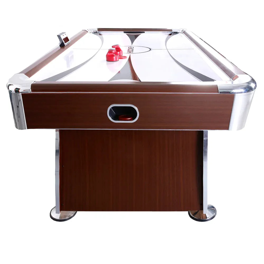 Hathaway Brentwood Air Hockey Table, close-up of playfield with black pushers and red puck.