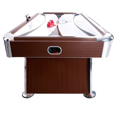 Hathaway Brentwood Air Hockey Table, close-up of playfield with black pushers and red puck.