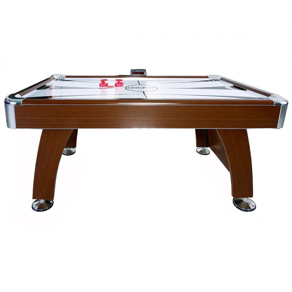 Hathaway Brentwood 7.5ft Air Hockey Table, front view, dark wood legs and silver levelers.