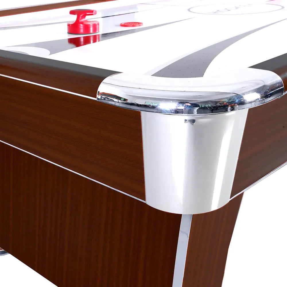 Hathaway Brentwood Air Hockey Table corner, chrome finish apron trim and puck collection.