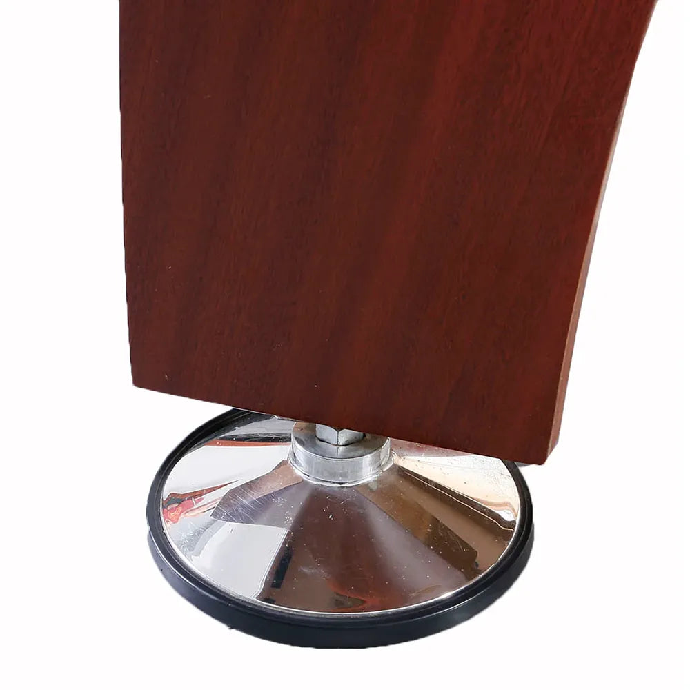 Hathaway Brentwood Air Hockey Table, close-up of chrome leg leveler and arched wood leg.