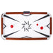 Top-down view of an air hockey table with red pushers and pucks on a white glossy playfield featuring black geometric star design. Includes digital scoreboard and brown wooden side rails with chrome accents.