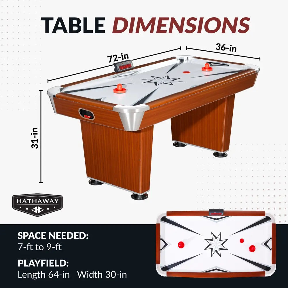 Air hockey table dimensions chart showing full table size of 72 inches long, 36 inches wide, and 31 inches high. Playfield dimensions are 64 inches by 30 inches. Image includes space requirement note of 7 to 9 feet. Features wood grain cabinet, chrome corner accents, and digital scoreboard. Brand: Hathaway.