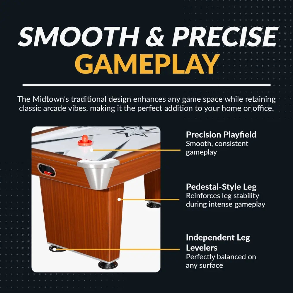 Close-up image of a Hathaway air hockey table highlighting smooth and precise gameplay features. Labels identify a precision playfield for consistent puck action, pedestal-style legs for enhanced stability, and independent leg levelers for balance on uneven surfaces. Classic arcade-style design with cherry wood finish and chrome accents.
