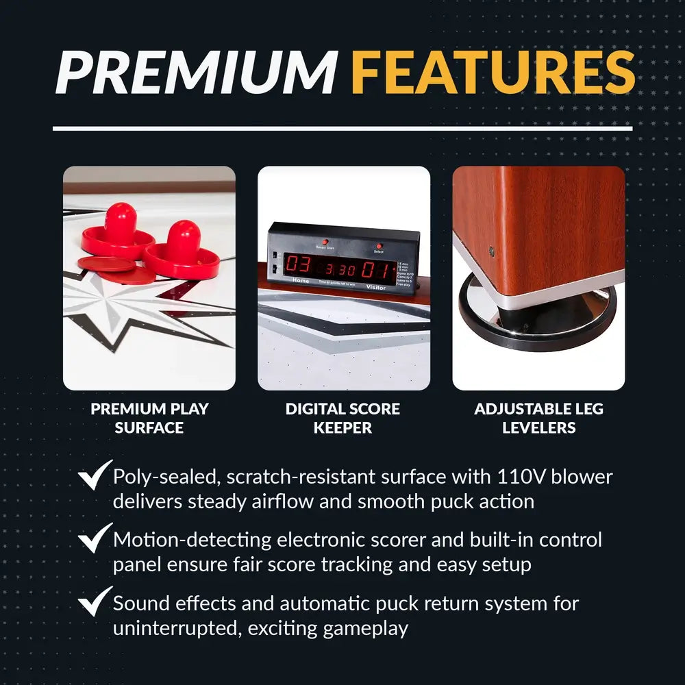 Graphic layout of Hathaway air hockey table's premium features: red pucks and strikers on a star graphic playfield, electronic digital scorekeeper, and adjustable leg leveler. Text highlights scratch-resistant poly-sealed surface, 110V air blower, motion-detecting scorer, sound effects, and automatic puck return.