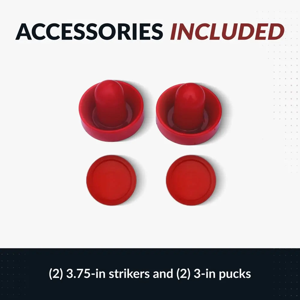 Top-down view of included accessories for Hathaway air hockey table: two 3.75-inch red strikers and two 3-inch red pucks. Items placed on a white background with bold header reading “ACCESSORIES INCLUDED”.