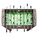 Top-down view of the foosball table’s full playfield with chrome and black player figures, green surface, and white field markings.