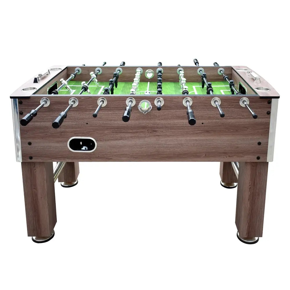 Side profile of the foosball table featuring dual chrome manual score keepers and integrated cup holders.