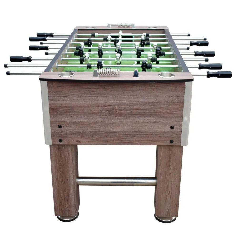 Front view of the full Hathaway Driftwood foosball table, showing rod arrangement, leg design, ball return slot, and game-ready layout.