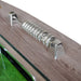 Detailed view of a chrome manual score keeper on the driftwood surface of the foosball table.