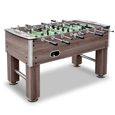 Hathaway Driftwood 56-in foosball table featuring weathered gray wood finish, chrome accents, and durable construction with dual leg bars.