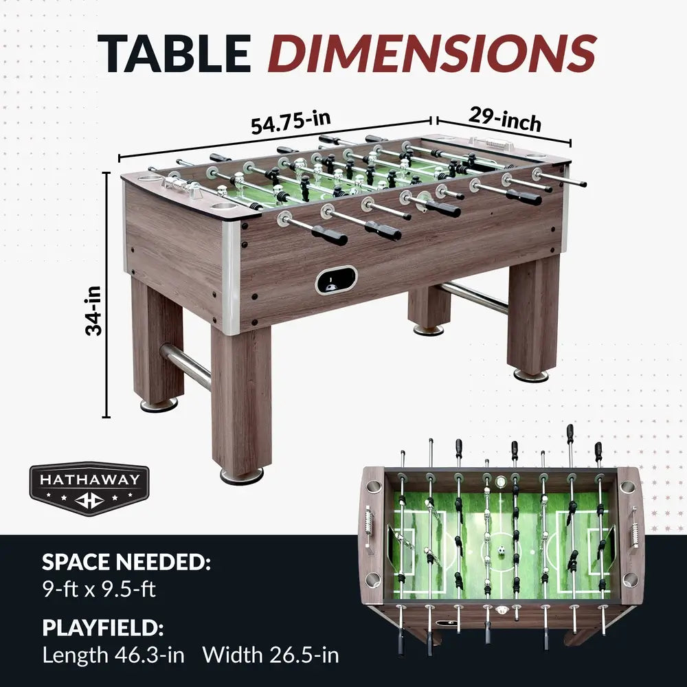 Dimensions of the Hathaway Driftwood foosball table: 54.75-in long, 29-in wide, 34-in high, with a 46.3-in by 26.5-in playfield; requires 9-ft by 9.5-ft of space.