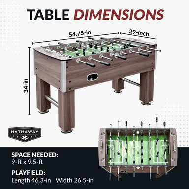 Dimensions of the Hathaway Driftwood foosball table: 54.75-in long, 29-in wide, 34-in high, with a 46.3-in by 26.5-in playfield; requires 9-ft by 9.5-ft of space.