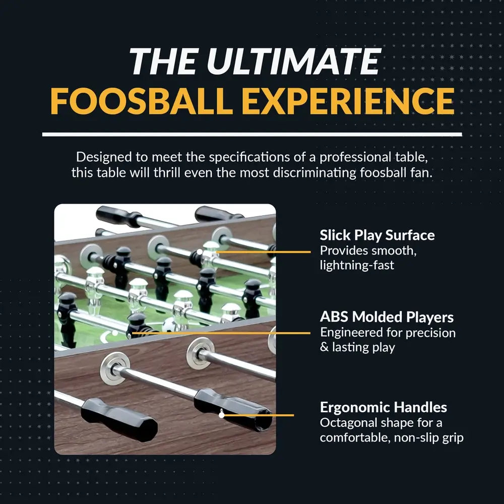Features of the Driftwood foosball table include a slick play surface, precision ABS molded players, and ergonomic handles for high-speed gameplay.