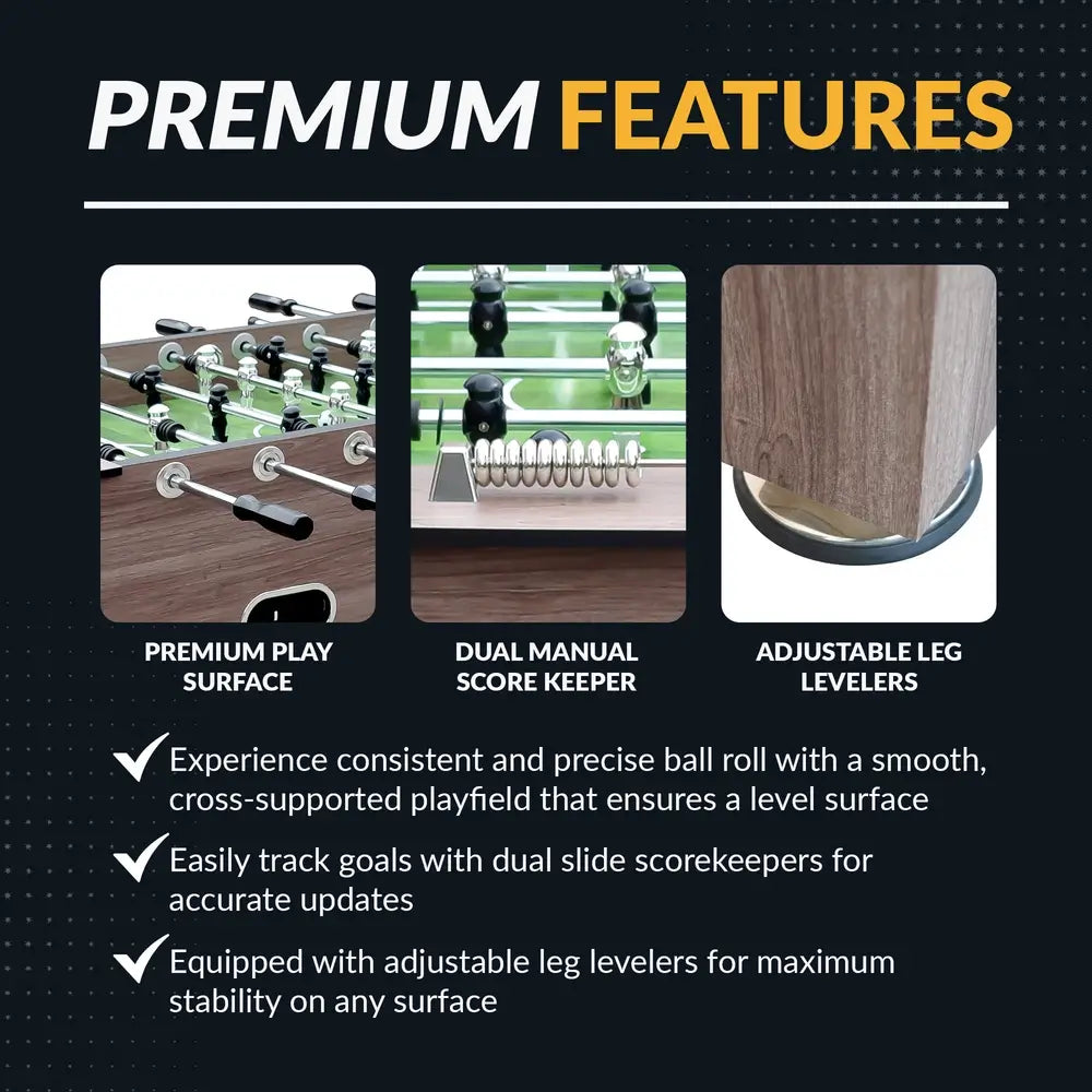 Graphic highlighting premium features of the Hathaway Driftwood foosball table: premium play surface, dual manual score keeper, and adjustable leg levelers with corresponding images and descriptions.