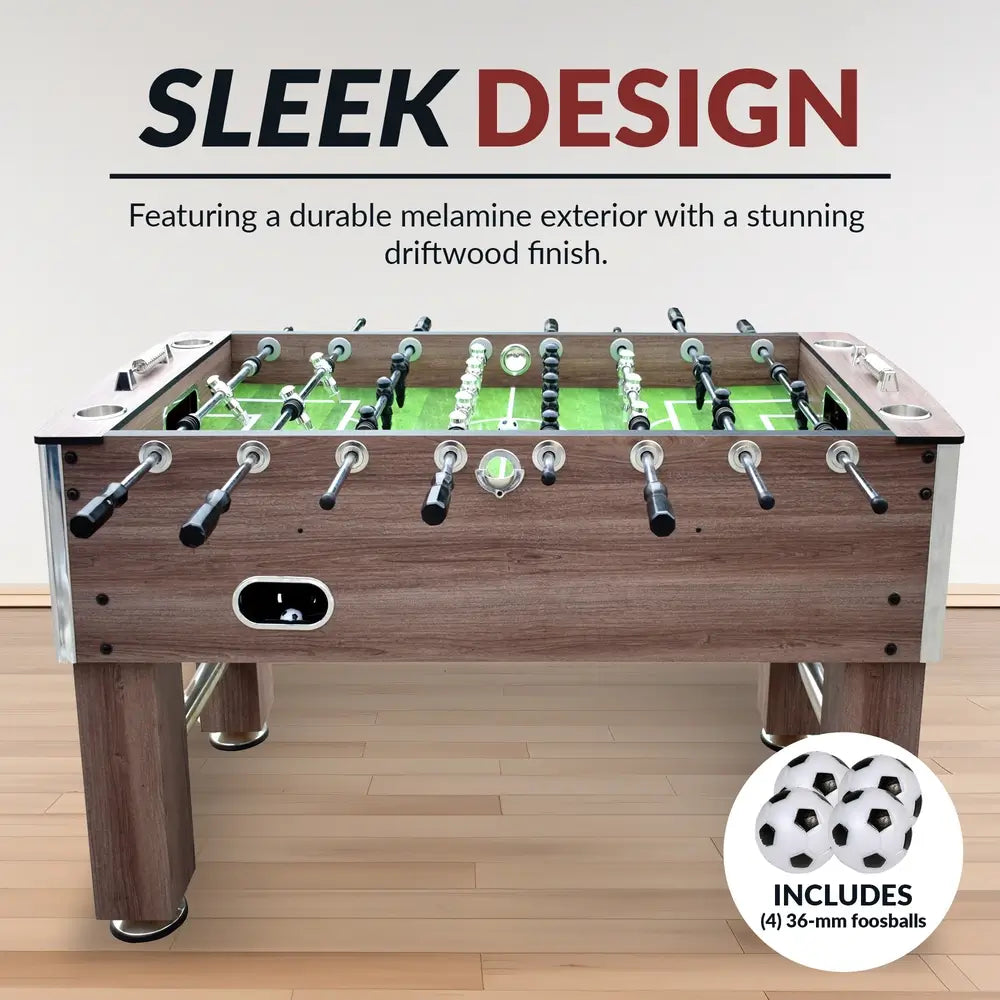 Front view of the Hathaway Driftwood foosball table on hardwood floor, showcasing its melamine driftwood finish and including a set of four 36-mm foosballs.