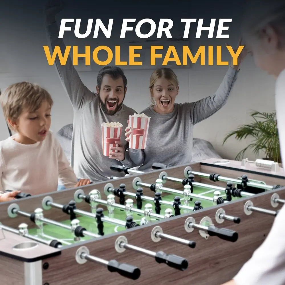 Happy family gathered around the Hathaway Driftwood foosball table, enjoying a game together with smiles and popcorn in hand, promoting fun for all ages.