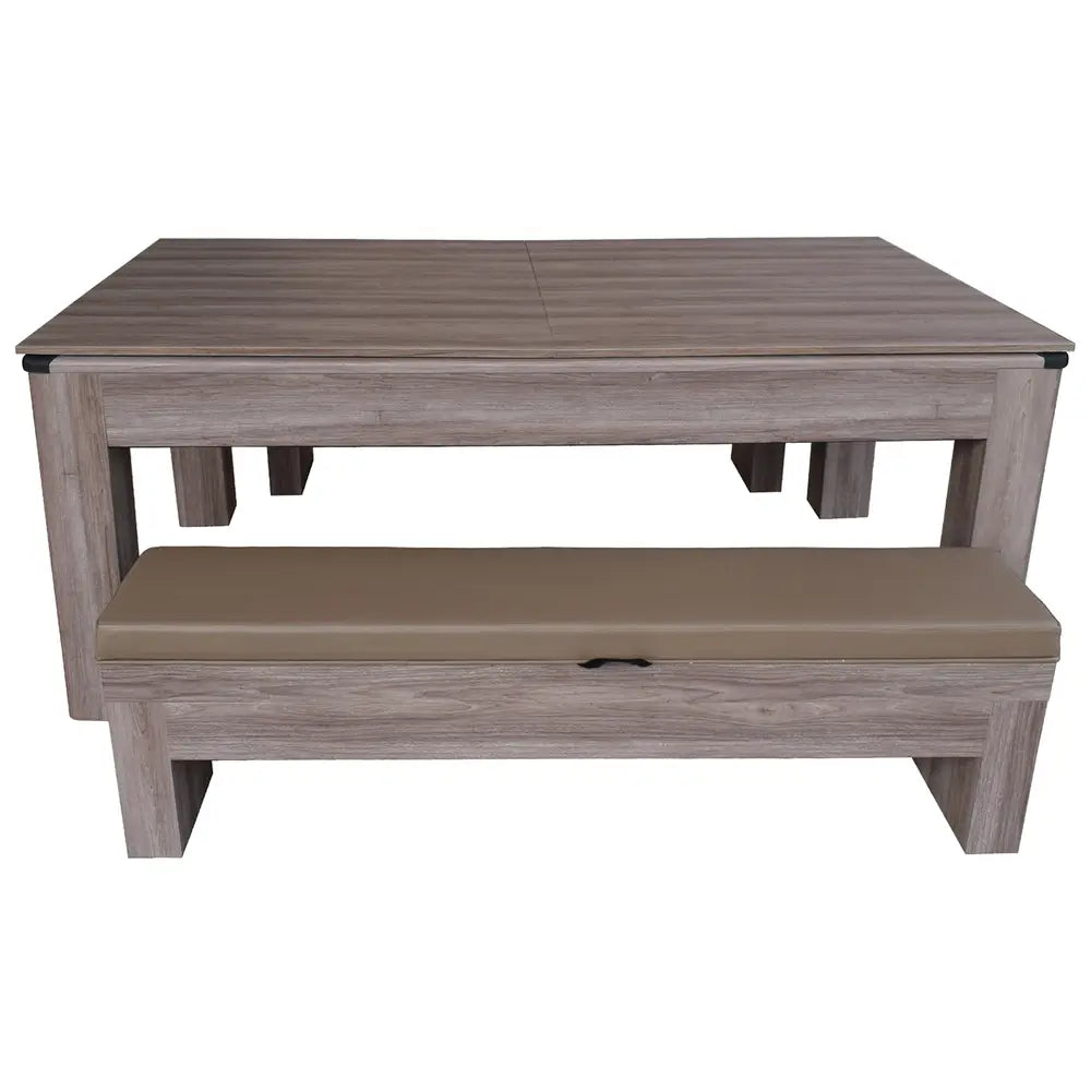 Convertible multi-game table with wood grain finish shown in dining configuration, cushioned bench seating stored beneath table.