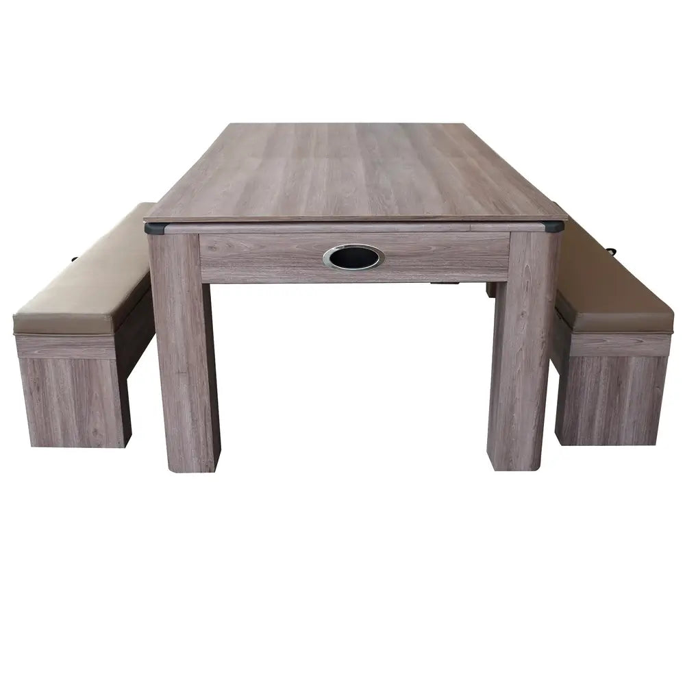 Convertible air hockey dining table set with padded storage benches in rustic wood finish, shown with tabletop cover in place for dining use.