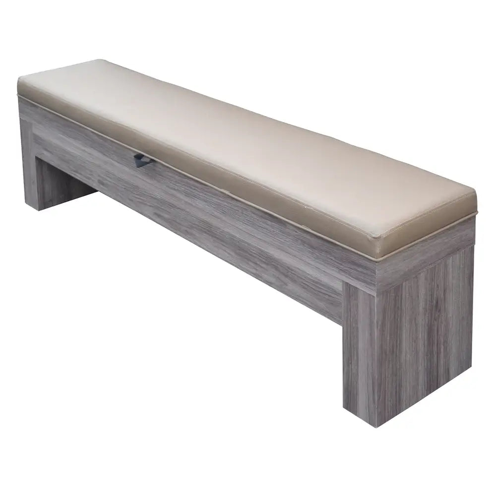 Individual cushioned bench with light wood finish and tan faux leather seat, designed to complement convertible game and dining tables.
