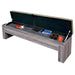 Storage bench with open cushioned lid, revealing organized space for air hockey, ping pong, and table tennis accessories including paddles and pucks.