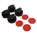 Set of four black air hockey strikers and four red pucks with textured surfaces, included accessories for air hockey table gameplay.