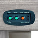 Control panel with labeled push buttons for start, reset, minutes, sound on/off, and power toggle switch, mounted on wood grain table surface.
