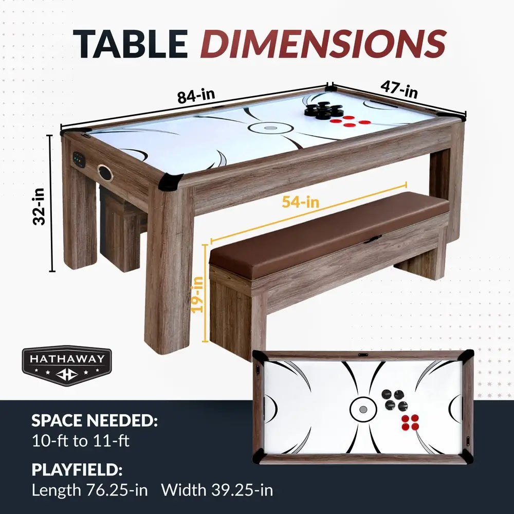 Table and bench dimensions of 3-in-1 convertible air hockey table by Hathaway with measurements: 84x47x32 inches for table and 54x19 inches for bench; playfield size 76.25x39.25 inches; requires 10 to 11 feet of space.