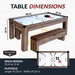 Table and bench dimensions of 3-in-1 convertible air hockey table by Hathaway with measurements: 84x47x32 inches for table and 54x19 inches for bench; playfield size 76.25x39.25 inches; requires 10 to 11 feet of space.